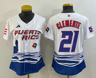 Womens Puerto Rico Baseball #21 Roberto Clemente 2023 White World Classic Stitched Jersey